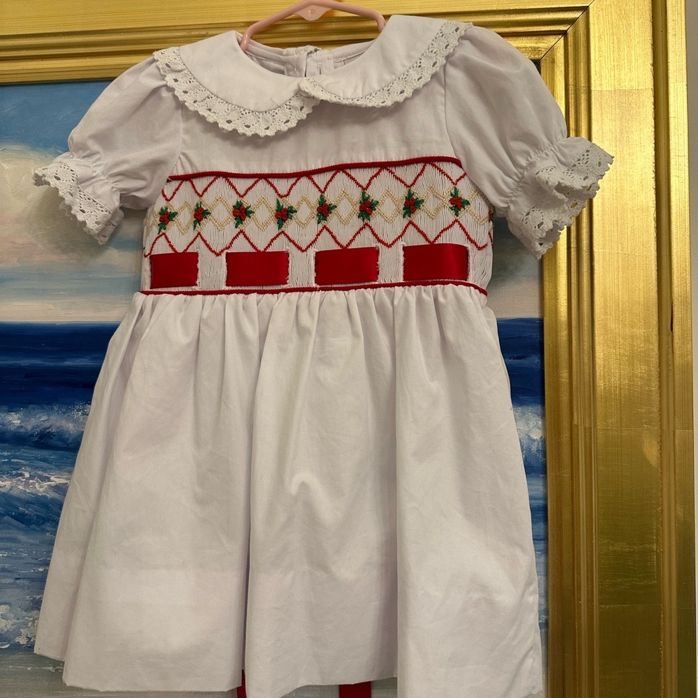 White Dress with Red Embroidery -18M Christmas Dress